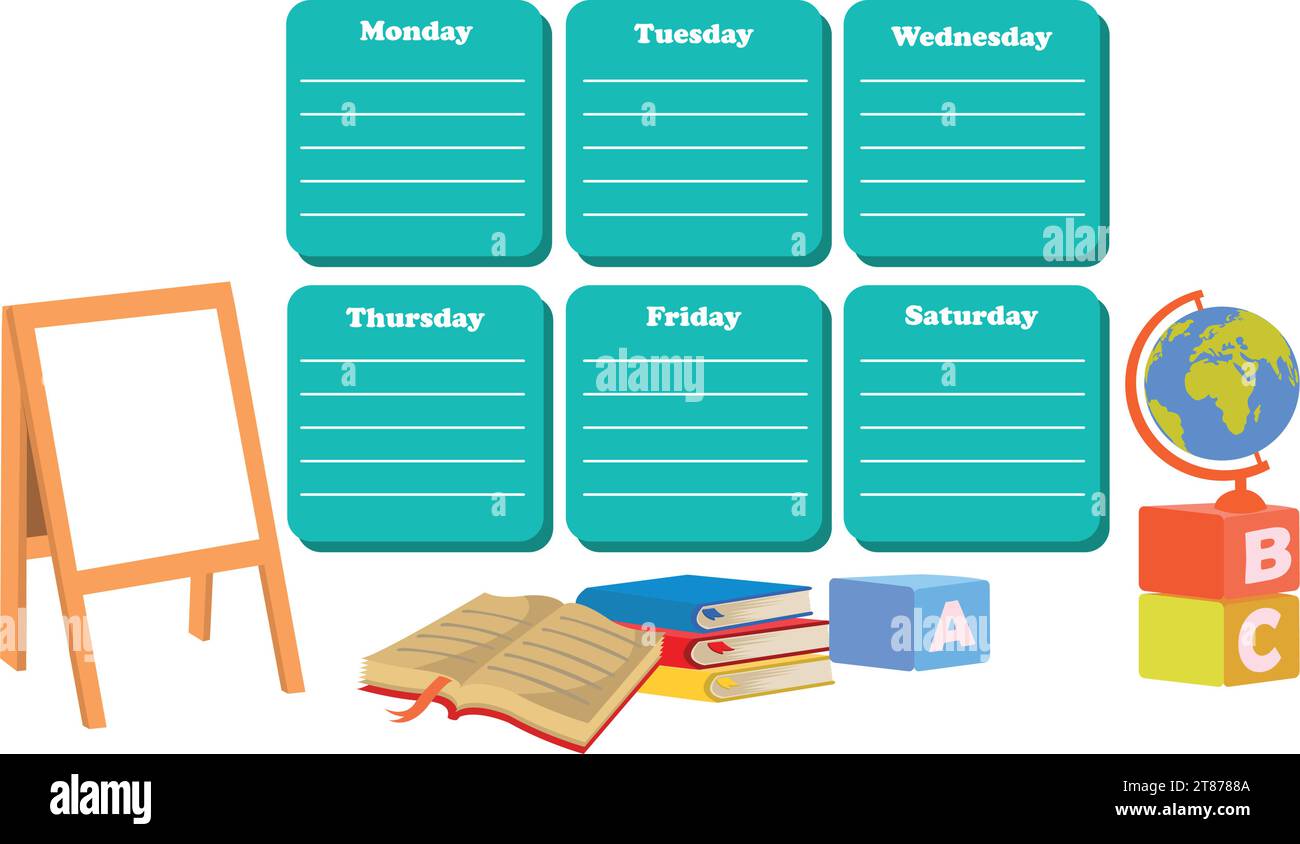 Schulfahrplan. Handgezeichnet. Fahrplan für den Unterricht. Plannotiz Ausbildung. Planer, Tabellenklasse. Untergeordnete, akademische Vorlage. Wöchentliches Organizer-Papier Stock Vektor