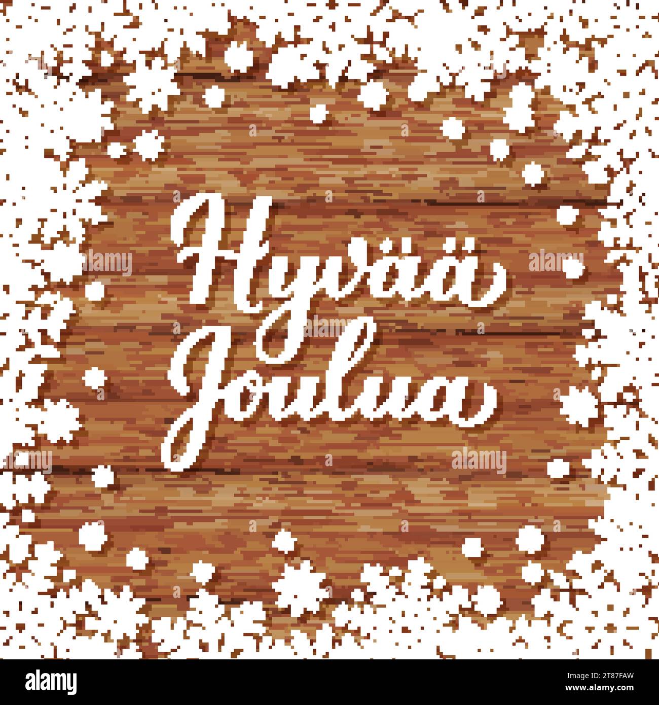 Hyvaa Joulua Kalligraphie Handbeschriftung auf hölzernem Hintergrund mit Schneeflocken. Fröhliche Weihnachten Typografie Poster auf Finnisch. Vektorvorlage für Begrüßung Stock Vektor