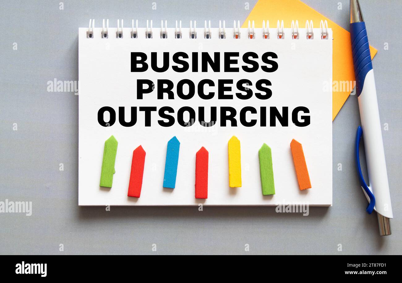 Business Process Outsourcing BPO wird auf einem Foto mit dem Text angezeigt Stockfoto