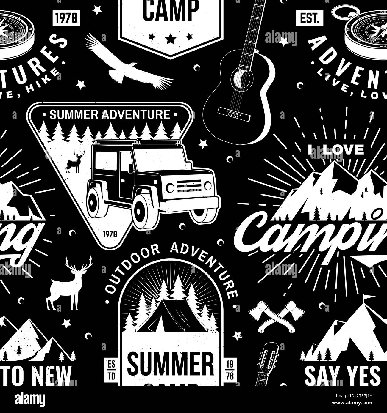 Outdoor-Abenteuer nahtlose Muster, Hintergrund. Vektorgrafik. Vintage Typografie Design mit Kompass, Gitarre, Campingwagen, Zelt Stock Vektor