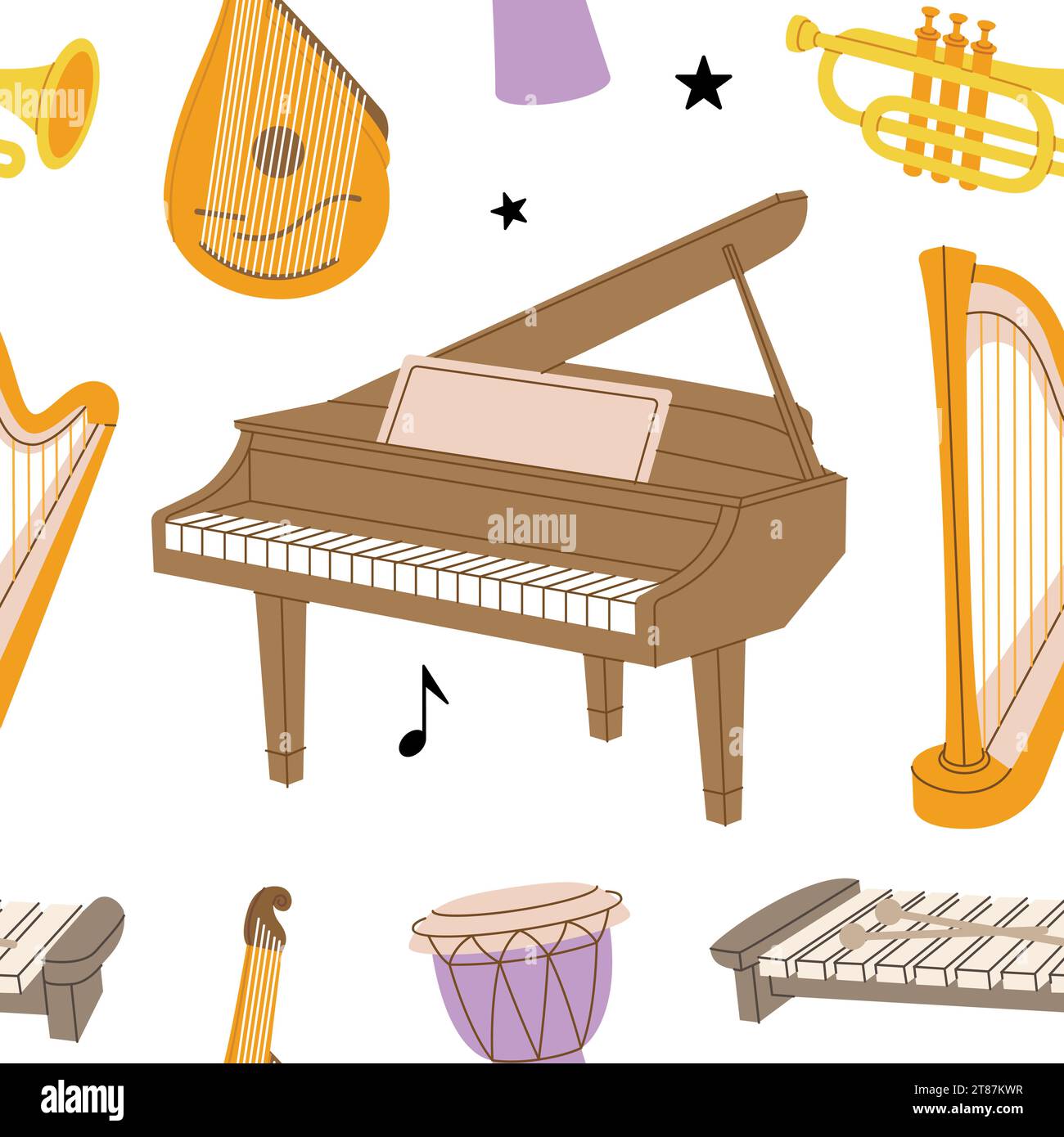 Nahtloses Banner für Musikinstrumente. Tuba, Trompete, Trommelflöte, Horn, Laute, Violine, E-Bass-Gitarre. Farbiges Muster für Musikinstrumente Stock Vektor