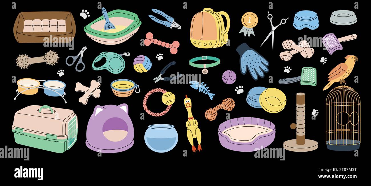 Haustierbedarf. Sammlung von Tierzubehör. Schlafkissen, Kauspielzeug, Medaille, Schere, Nagelschneider, Bürste, Fellentferner, Aquarium, Rucksackträger Stock Vektor