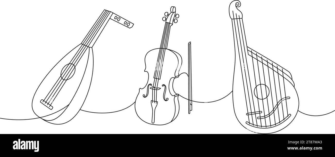 Sammlung von Musikinstrumenten, eine Zeile, fortlaufende Zeichnung. Laute, Violine, Bandura durchgehende, einzeilige Illustration. Lineare Vektordarstellung. Stock Vektor