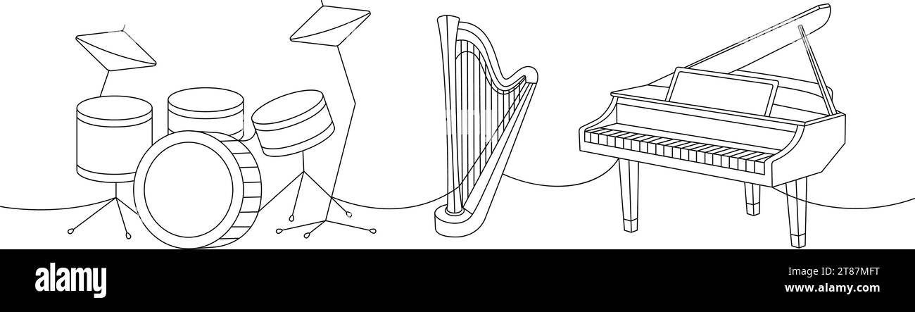 Musikinstrumente setzen eine Linie fortlaufende Zeichnung. Schlagzeug, Leier, Holzharfe, durchgehende einzeilige Illustration des Flügels. Stock Vektor