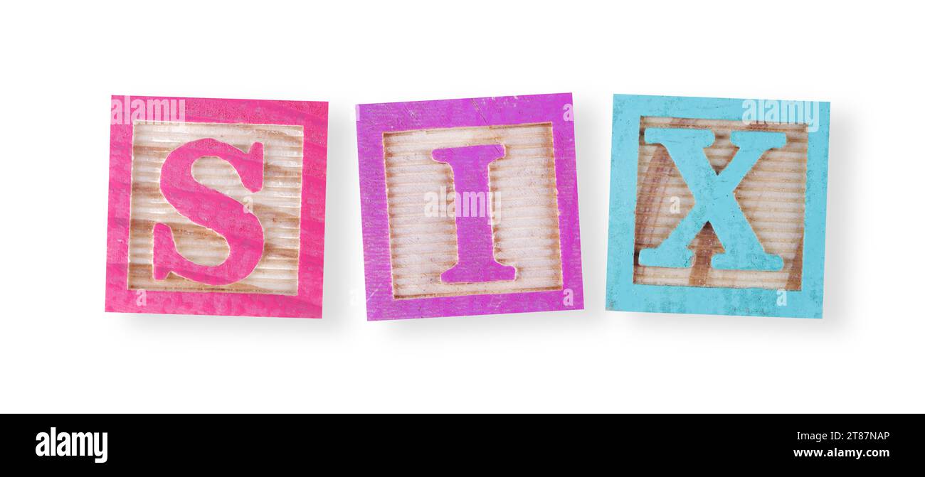 Sechs Konzepte mit Holzblöcken für Kinder Stockfoto