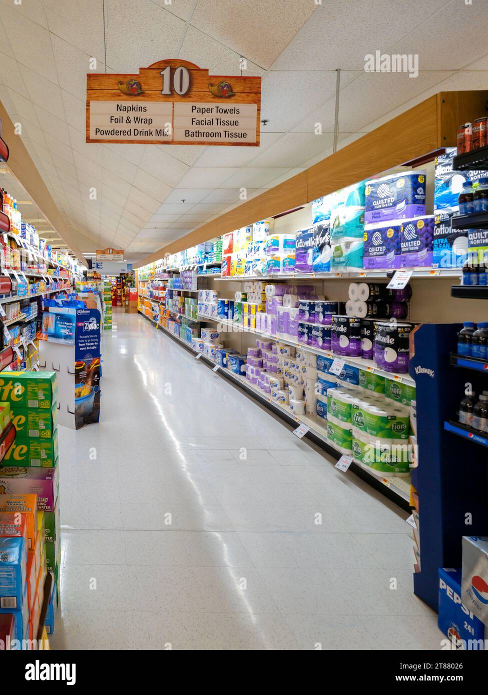 Utica, New York - 6. November 2023: Landscape View of Aisle 10 Sanitary Section of Chanatry's Hometown Market. Stockfoto