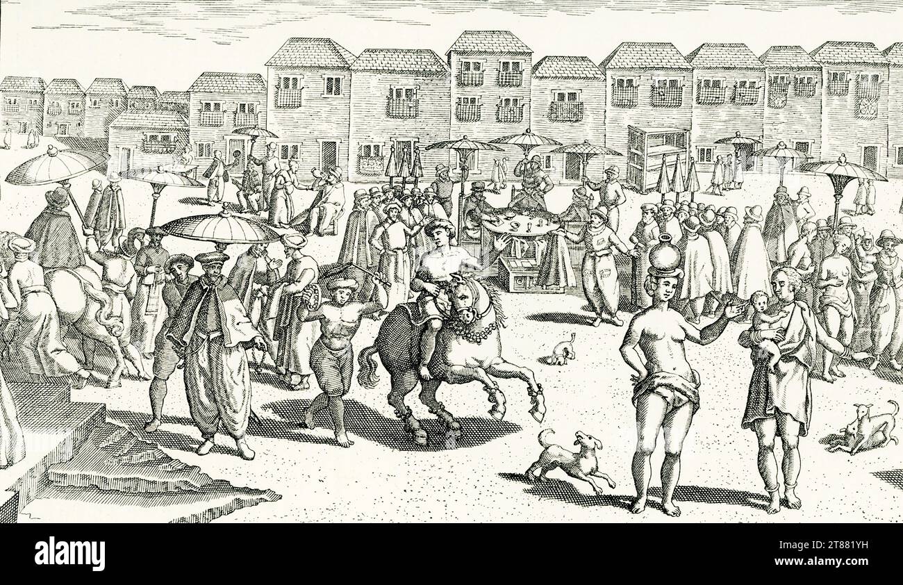 Diese Abbildung zeigt einen Markt in Goa, der aus Hugo Linschotens „Navigation im Orient“ stammt, der 1599 in Frankfurt veröffentlicht wurde. Jan Huygen van Linschoten (1563–1611), ein 1563 in Haarlem geborener Holländer, reiste 1583 als Sekretär des neu ernannten portugiesischen Erzbischofs von Goa nach Goa. Stockfoto