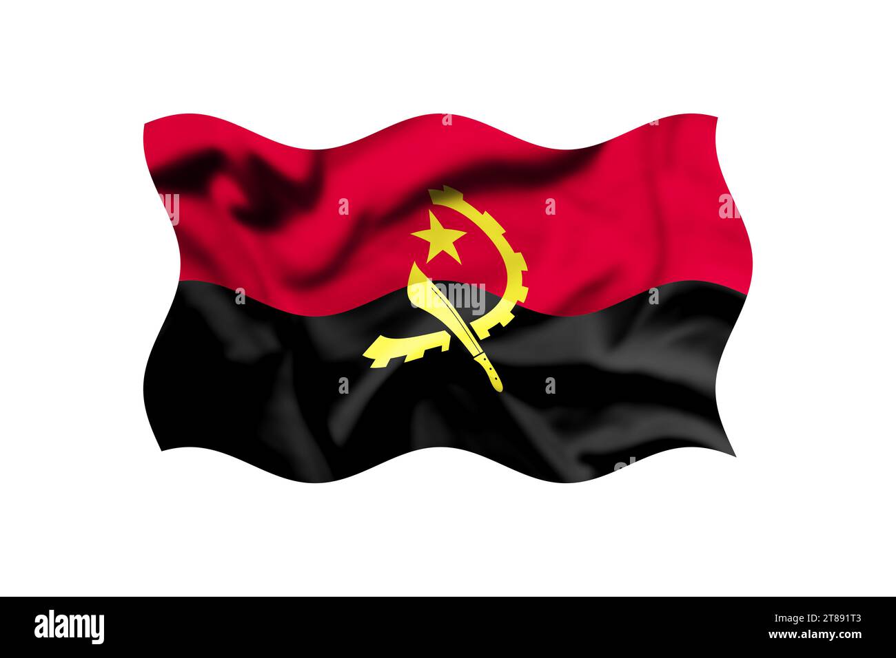 Die Flagge Angolas winkt im Wind auf weißem Hintergrund. Beschneidungspfad enthalten Stockfoto