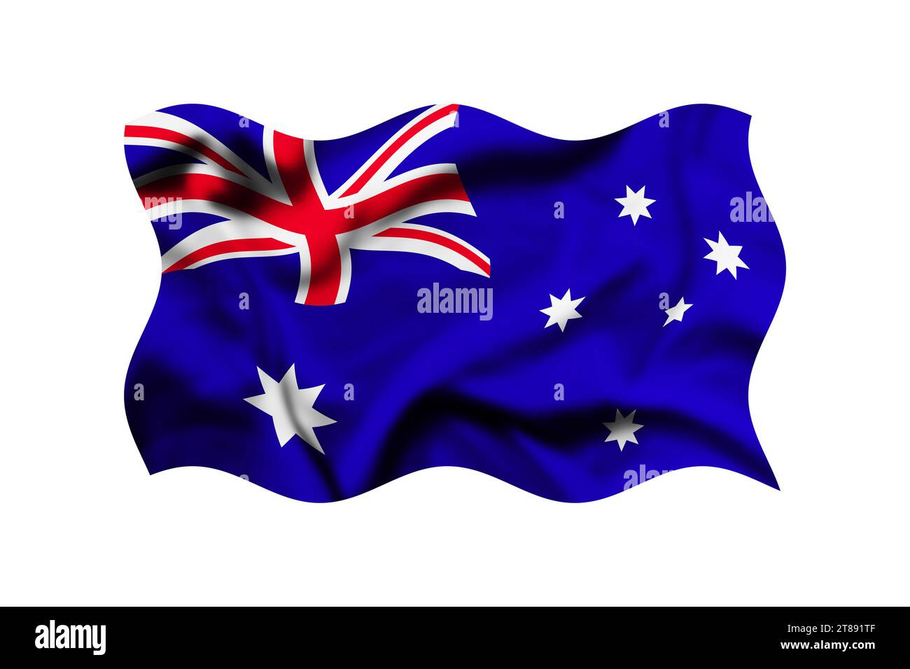 Australien schwenkende Flagge isoliert auf weißem Hintergrund, digitale Computerzeichnung, Schnittpfad enthalten Stockfoto