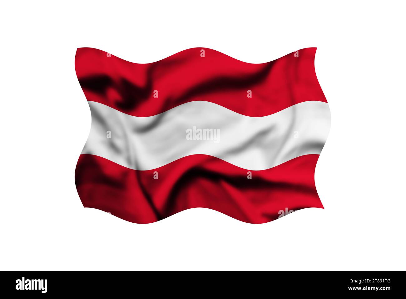 Die Flagge Österreichs winkt im Wind auf weißem Hintergrund. Beschneidungspfad enthalten Stockfoto