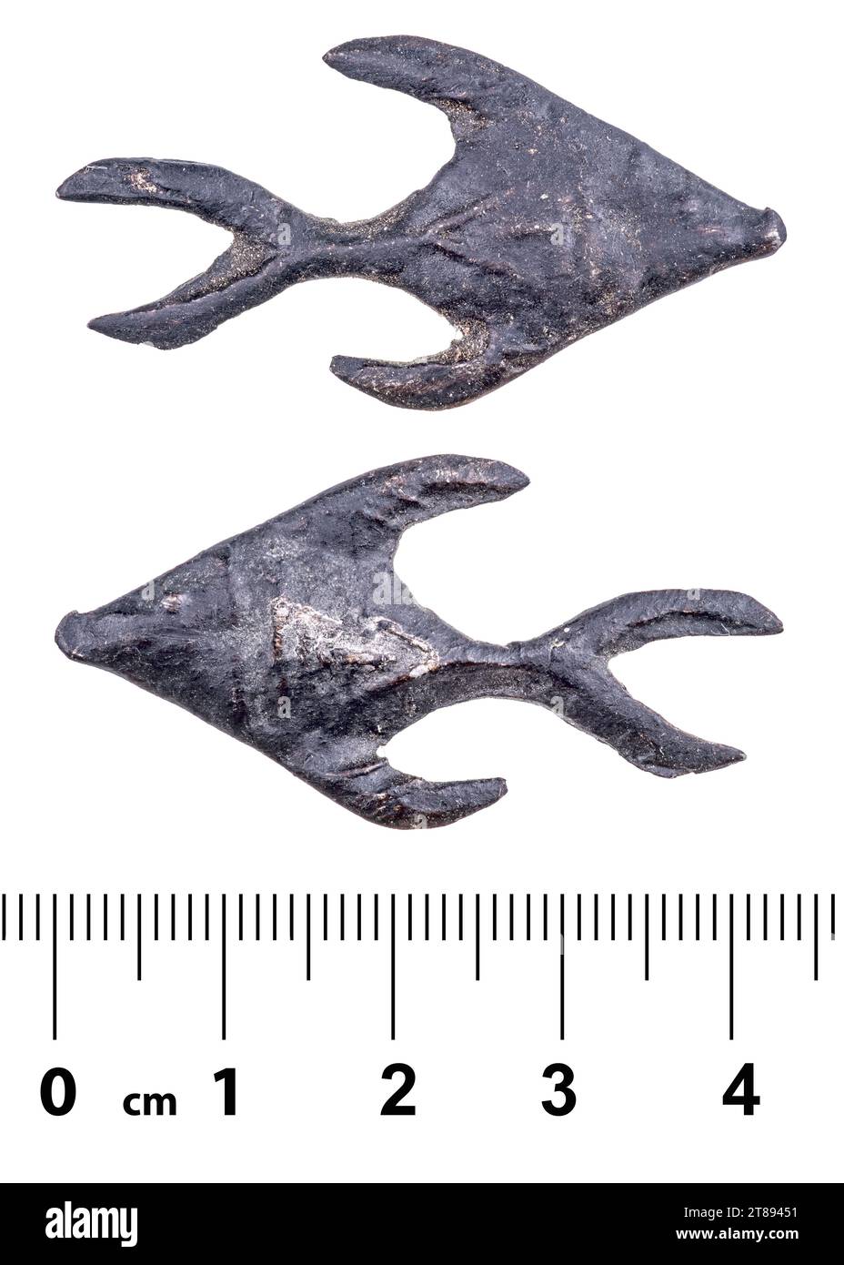 Alte malaysische Fisch-Zinnmünze. Isoliert auf weiß Stockfoto