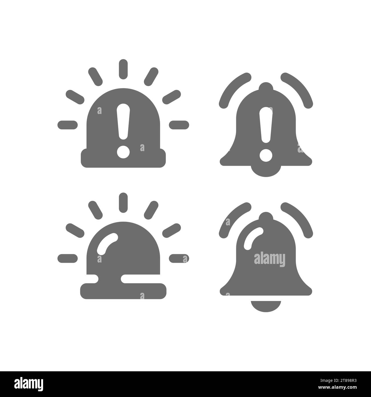 Notlicht und Glocke mit Ausrufezeichen-Symbolen. Alarmlampe, Warnleuchte und Signalsymbol gesetzt. Stock Vektor