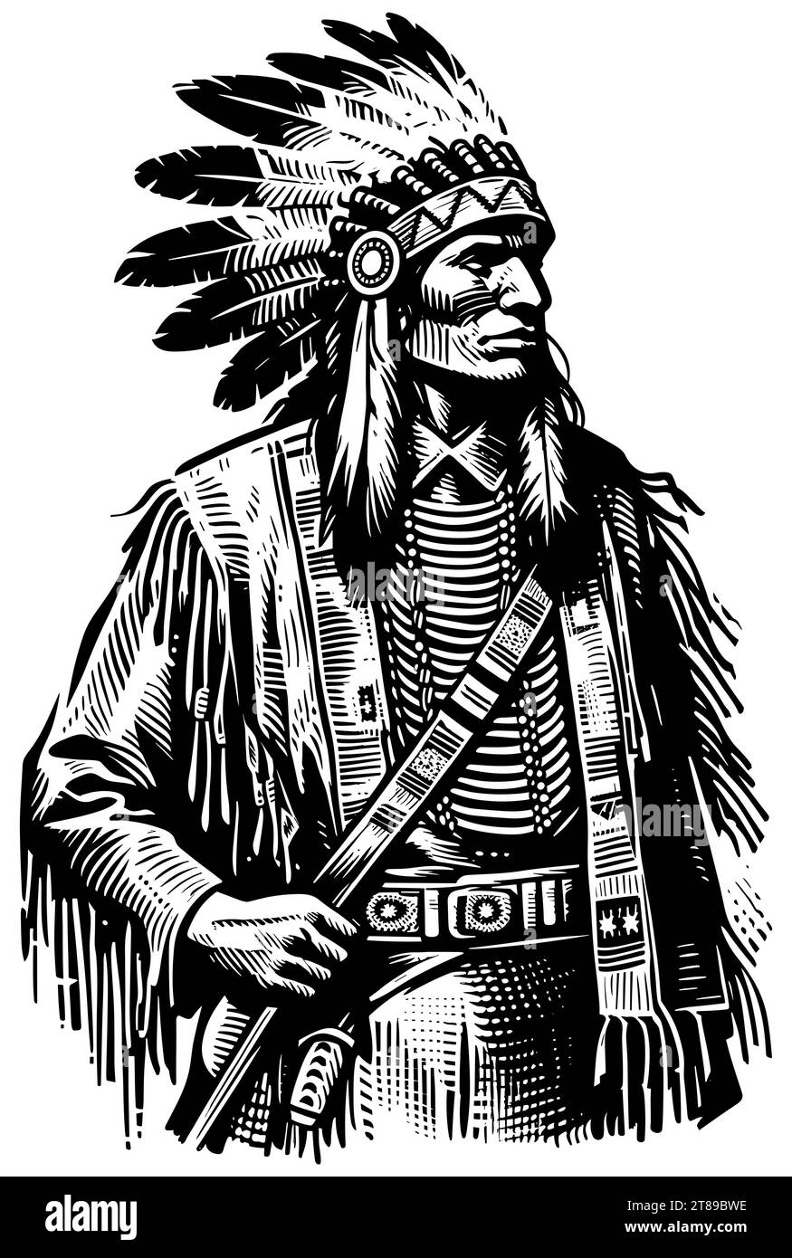 Linolschnitt-Illustration eines Häuptlings der Ureinwohner in traditioneller Kleidung mit gefiedertem Kopfschmuck. Stock Vektor