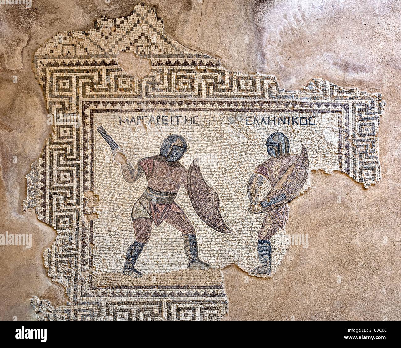 Mosaik zweier Gladiatoren, Margariten (links) und Hellenikos (rechts), Ende des 3. Jahrhunderts n. Chr., Haus der Gladiatoren, Kourion (Zypern) Stockfoto