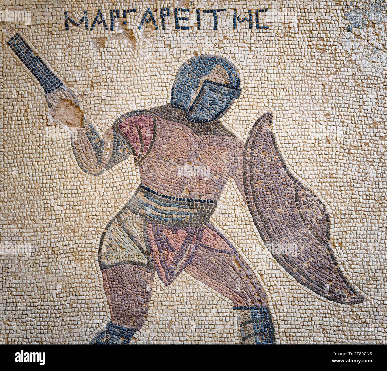 Mosaik mit einem Gladiator, Margaries. Das Ende des 3. Jahrhunderts n. Chr. Haus der Gladiatoren. Kourion (Zypern) Stockfoto