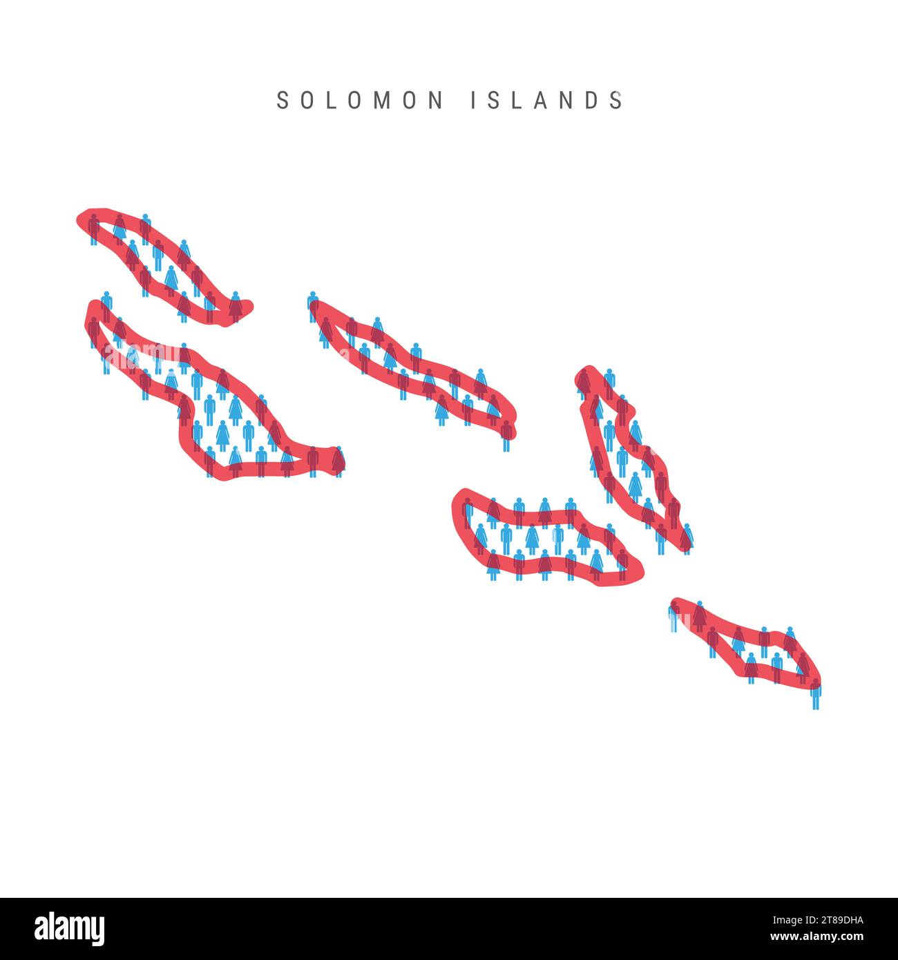 Salomonen Bevölkerungskarte. Stabfiguren Melanesiens Volkskarte mit auffälliger rot durchscheinender Landesgrenze. Muster von Ikonen für Männer und Frauen. Isoliert Stock Vektor