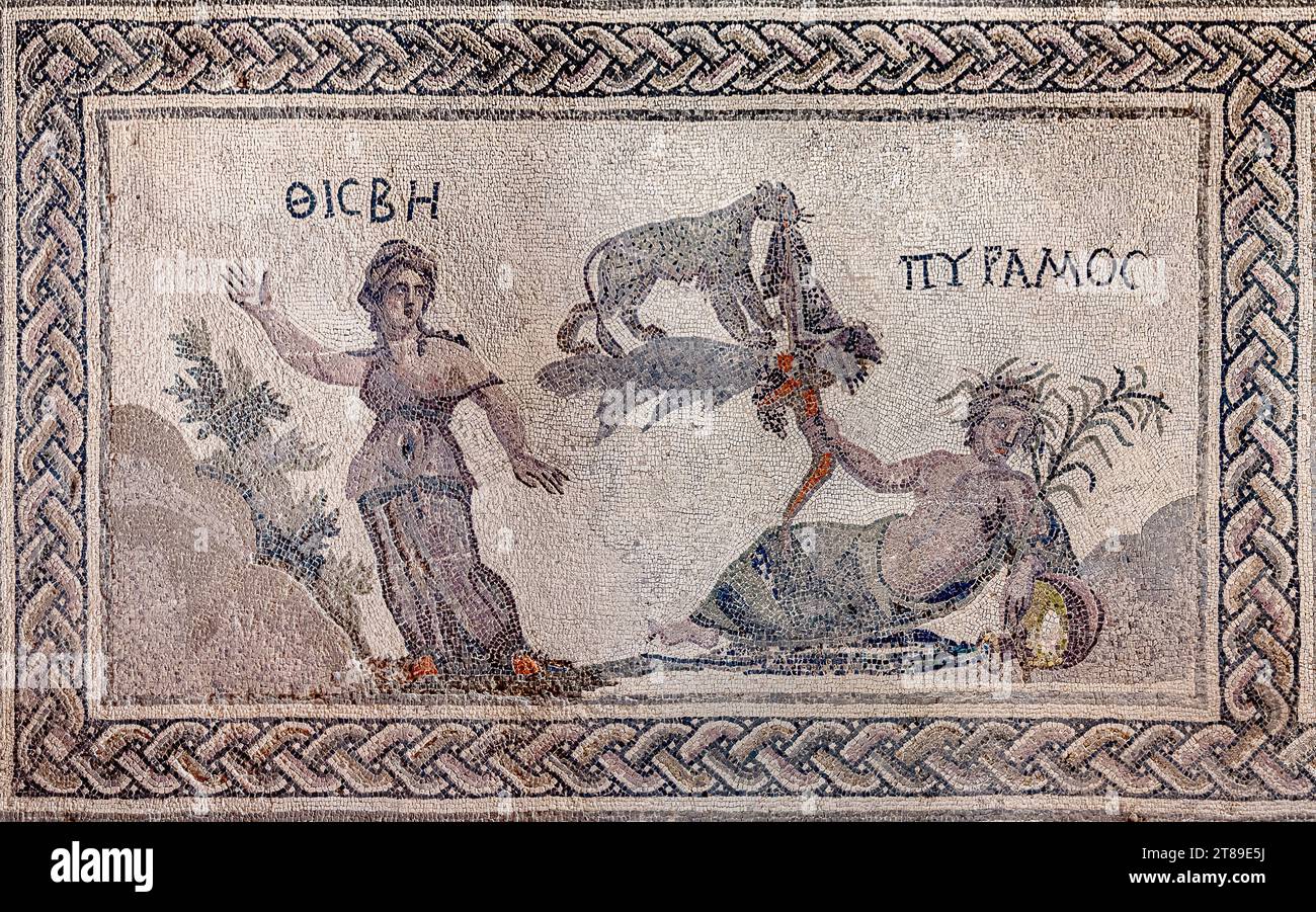 Mosaik aus dem Atrium des Hauses Dionysos mit Bildern von Pyramus und Thisbe. Paphos. Zypern. Inschriften von links nach rechts: „Thisbe, Pyramus“ Stockfoto