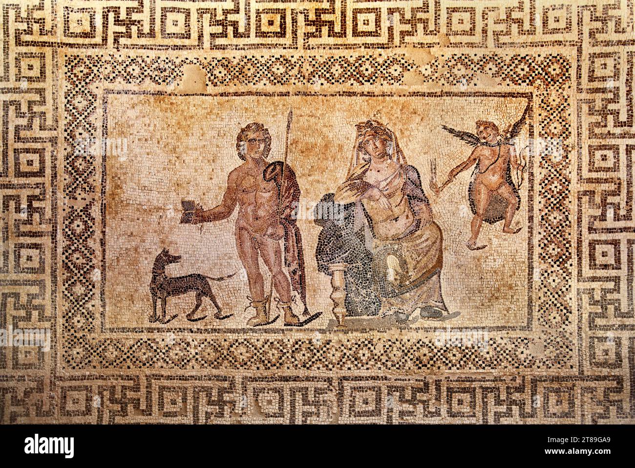 Mosaik aus dem Atrium des Hauses Dionysos mit Bildern von Phaedra und Hippolytus. Paphos. Zypern. Stockfoto
