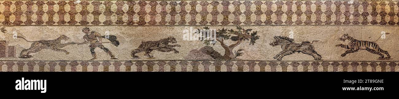 Jagdszene auf einem antiken Mosaik aus dem Atrium des Hauses Dionysos. Ende des 3. Jahrhunderts n. Chr. Paphos. Zypern. Stockfoto