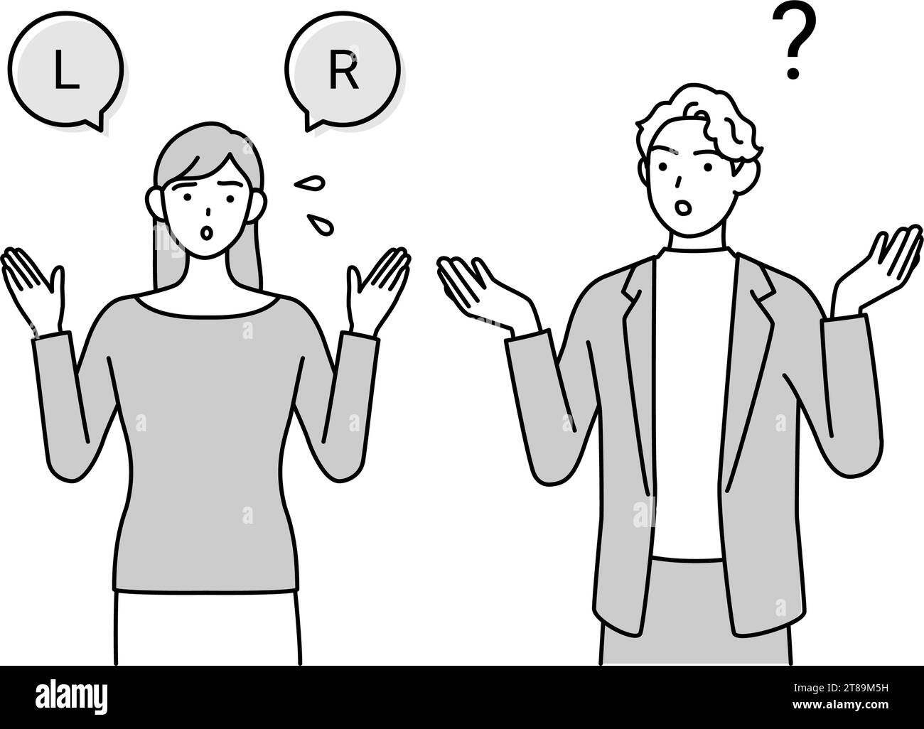 Englische Unterhaltung, japanische Frau kämpft mit der englischen Aussprache von 'l' und 'r' für kaukasische Männer, Vektor-Illustration Stock Vektor