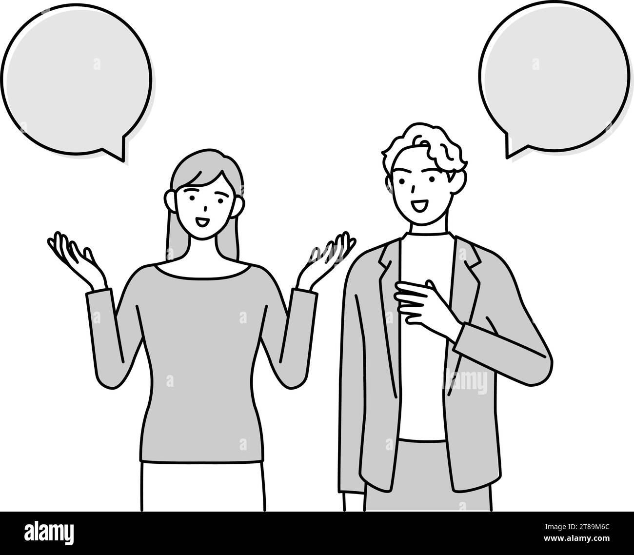 Englisches Gespräch, japanische Frau spricht Englisch mit einem weißen Mann, mit Sprechballon, Vektor-Illustration Stock Vektor