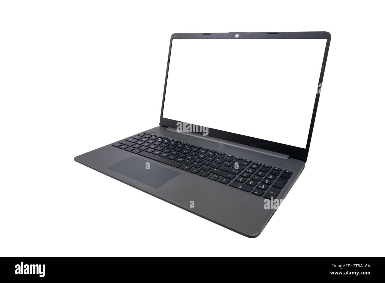 Moderner schlanker grauer Laptop mit leerem Bildschirm (Nahaufnahme) isoliert auf weißem Hintergrund. Moderne Informationstechnologien Stockfoto