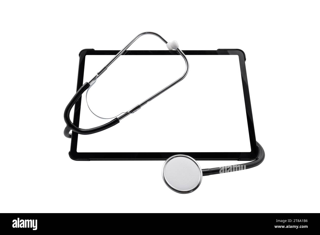 Tablet-PC mit leerem Bildschirm und medizinischem Stethoskop isoliert auf weißem Hintergrund. Ärztliches Beratungskonzept Stockfoto