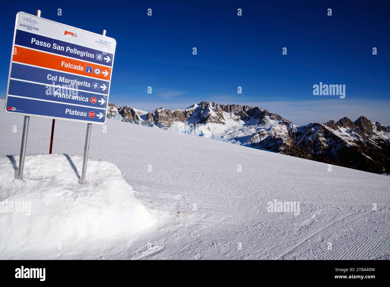 Skigebiet Passo San Pellegrino-Falcade, Tre Valli, Pala-Gruppe, Dolomitengruppe, Provinz Belluno, Italien Stockfoto