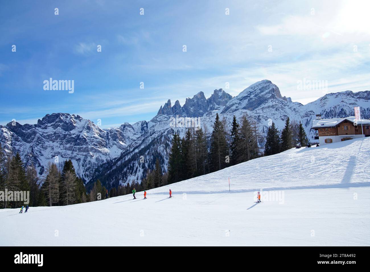 Skigebiet Passo San Pellegrino-Falcade, Tre Valli, Pala-Gruppe, Dolomitengruppe, Provinz Belluno, Italien Stockfoto