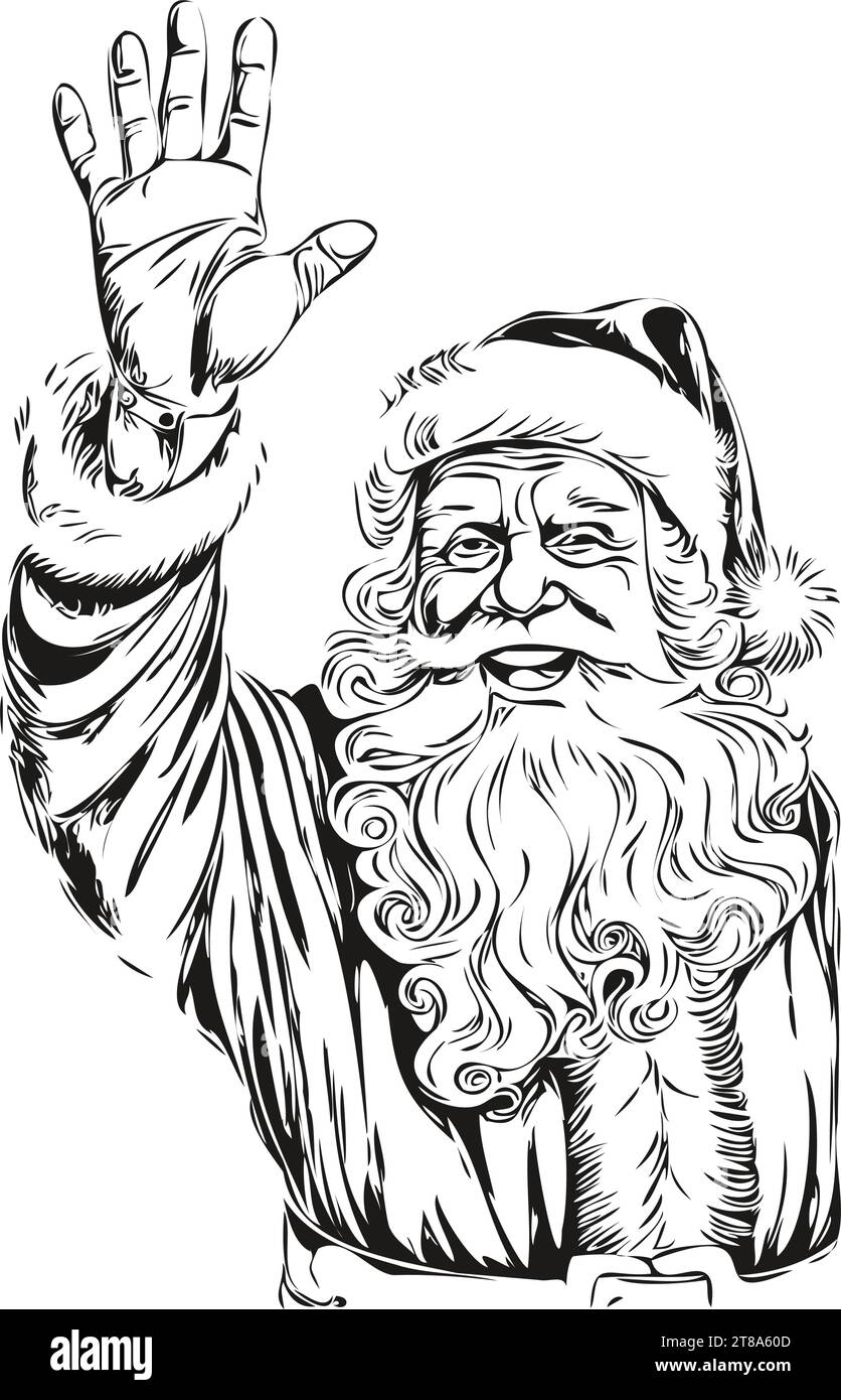 Santa Claus handgezeichnete Illustration Vintage gravierte Kunstfertigkeit für festliche Designs und Themen, schwarz weiß isolierte Vektor-Tinte umreißt Vorlage für gr Stock Vektor