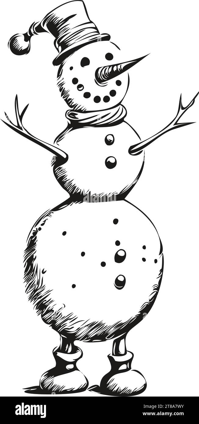 Schneemann Hand gezeichnet Vektor-Illustration detaillierte Vintage Gravur des festlichen Schneemann mit saisonalen Elementen, schwarz weiß isolierte Vektortinte Umrisse Stock Vektor