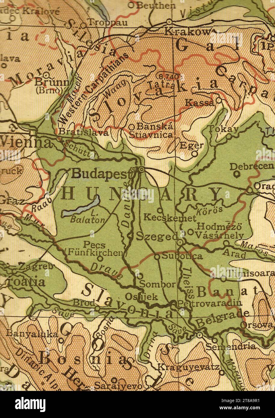 Antike geographische Karte in Sepia von Budapest und Ungarn. Stockfoto