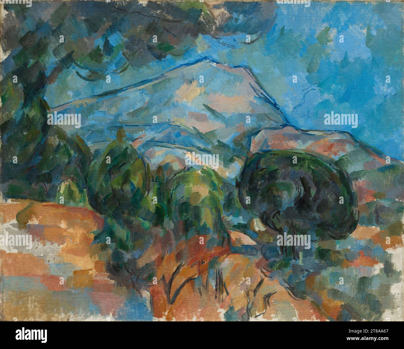 In den letzten zwanzig Jahren seines Lebens malte Cézanne wiederholt den Berg Sainte-Victoire in der Nähe seines Hauses in Aix-en-Provence. Mit dem Ziel, den Impressionismus zu reformieren, indem er Ordnung und Struktur in das Studium der Natur bringt, schuf er eng integrierte Kompositionen von sich verschmelzenden, sich kreuzenden Ebenen. Hier spiegelt ein aufsteigender Baumzweig den fernen Berghang wider und verbindet damit den Vordergrund mit dem Hintergrund. Raumgefühl entsteht durch rhythmische Muster von warmen und kühlen Farben. Mount Sainte-Victoire, um 1904. Paul Cézanne (Französisch, 1839–1906). Öl auf Stoff; gerahmt: 87,5 x 106,5 x 7 Stockfoto