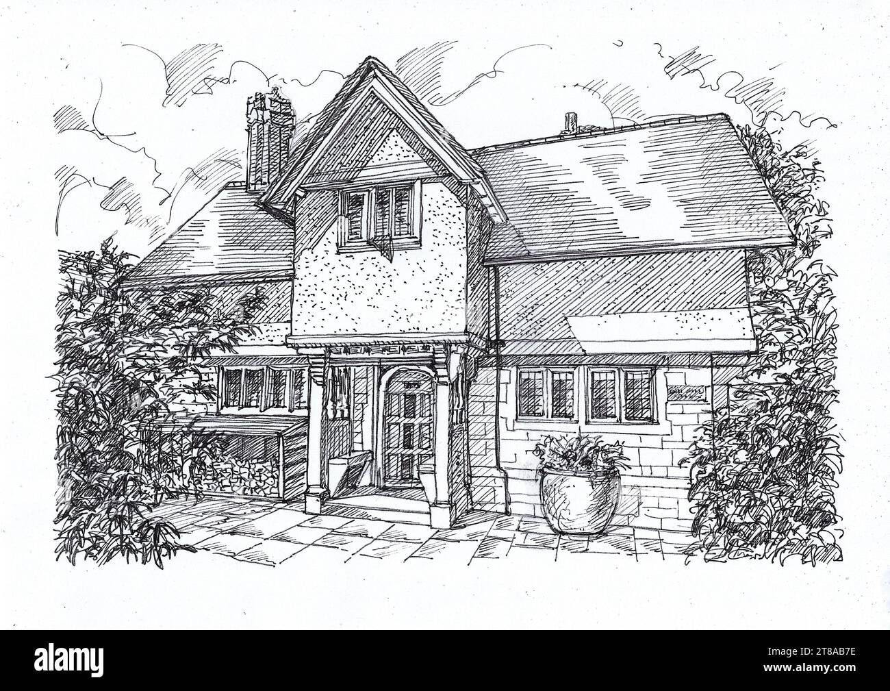 Schwarz-weiße Konzeptabbildung für die Fassade eines großen Landhauses im traditionellen Stil. Stockfoto