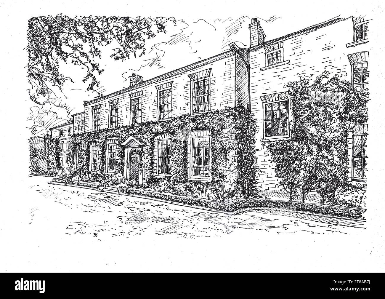 Schwarz-weiße Konzeptabbildung für die Fassade eines großen Landhauses im traditionellen Stil. Stockfoto