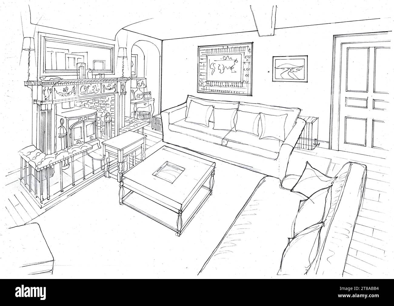 Schwarz-weiße Innenkonzeptillustration für eine traditionelle Lounge im Landhausstil. Stockfoto