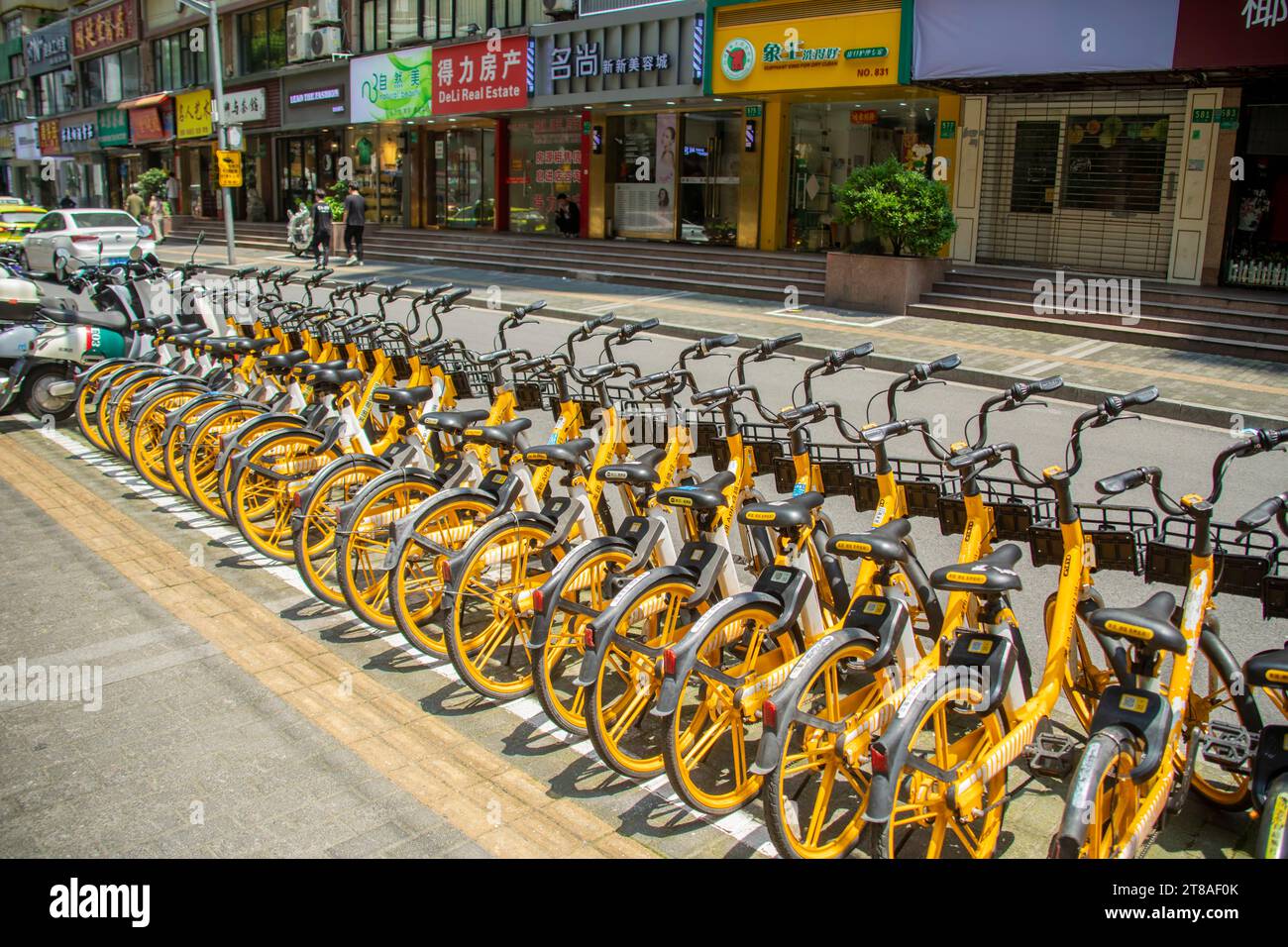 Shanghai China 9. Juni 2023: Die Meituan teilen Fahrräder auf der Straße. Es (früher Mobike) ist ein chinesisches komplett stationsloses Fahrradsharing-System. Stockfoto