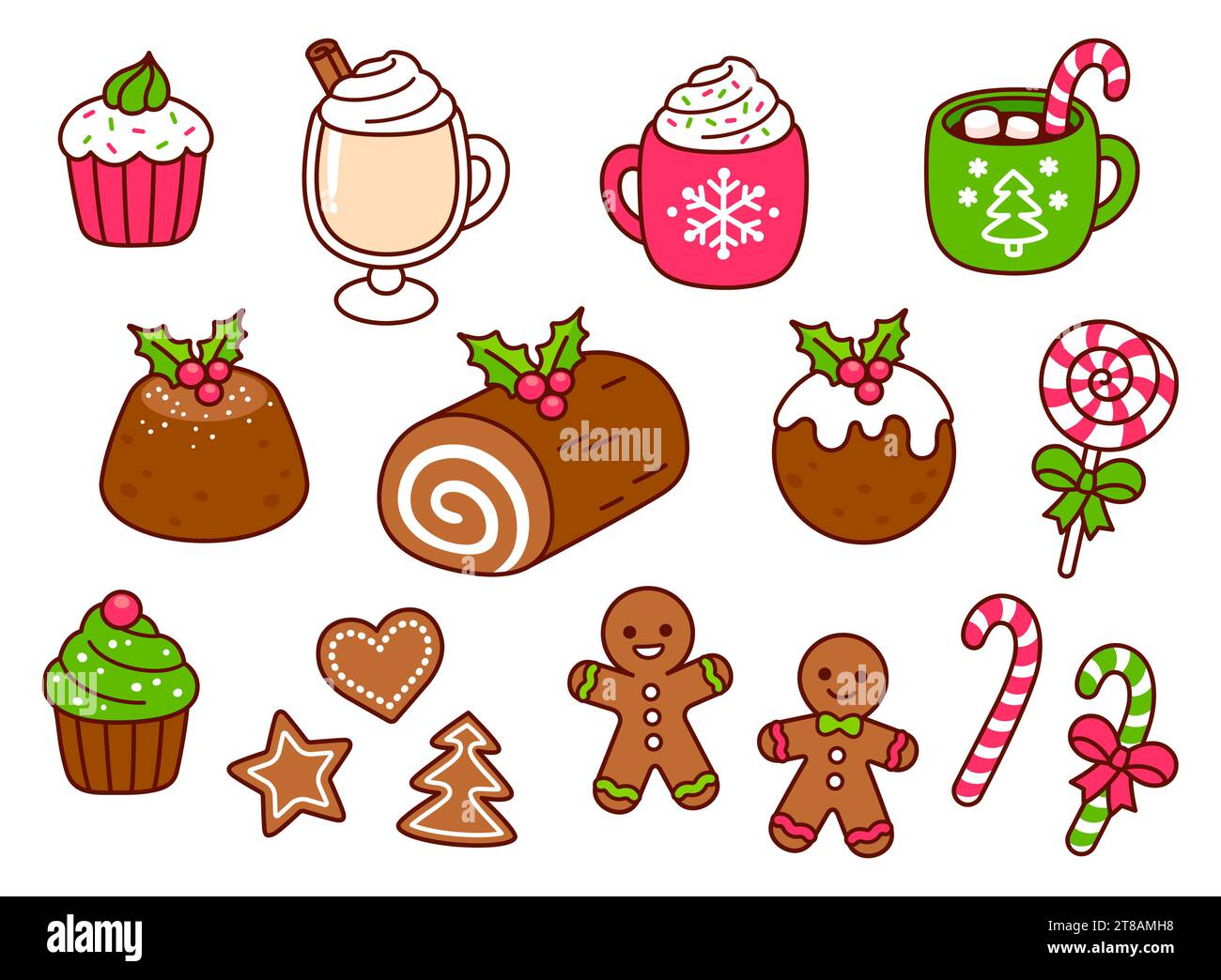 Traditionelles Weihnachtsessen: Desserts, Getränke, Kekse und Süßigkeiten. Kawaii handgezeichnete Kritzeleien. Netter Zeichentrickvektor Illustration Set. Stock Vektor