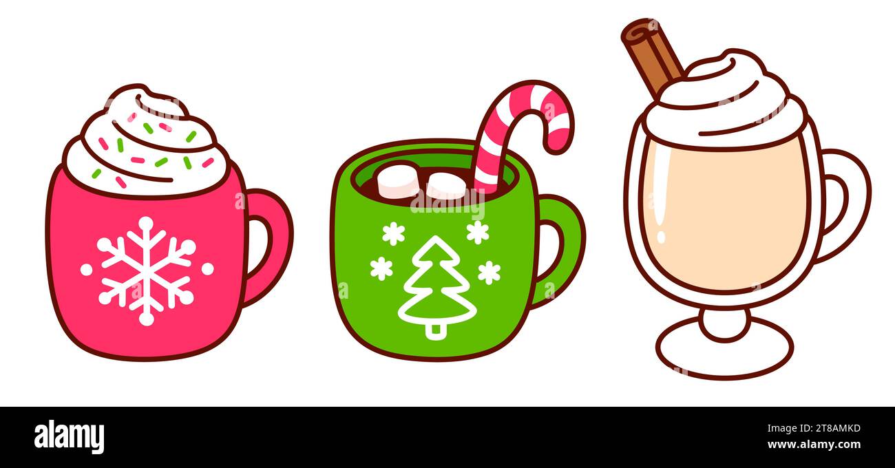 Weihnachtsgetränke, Kaffee mit Schlagsahne, heiße Schokolade mit Marshmallows, Eierlikör. Kawaii handgezeichnete Kritzeleien. Netter Zeichentrickvektor Illustration Set. Stock Vektor