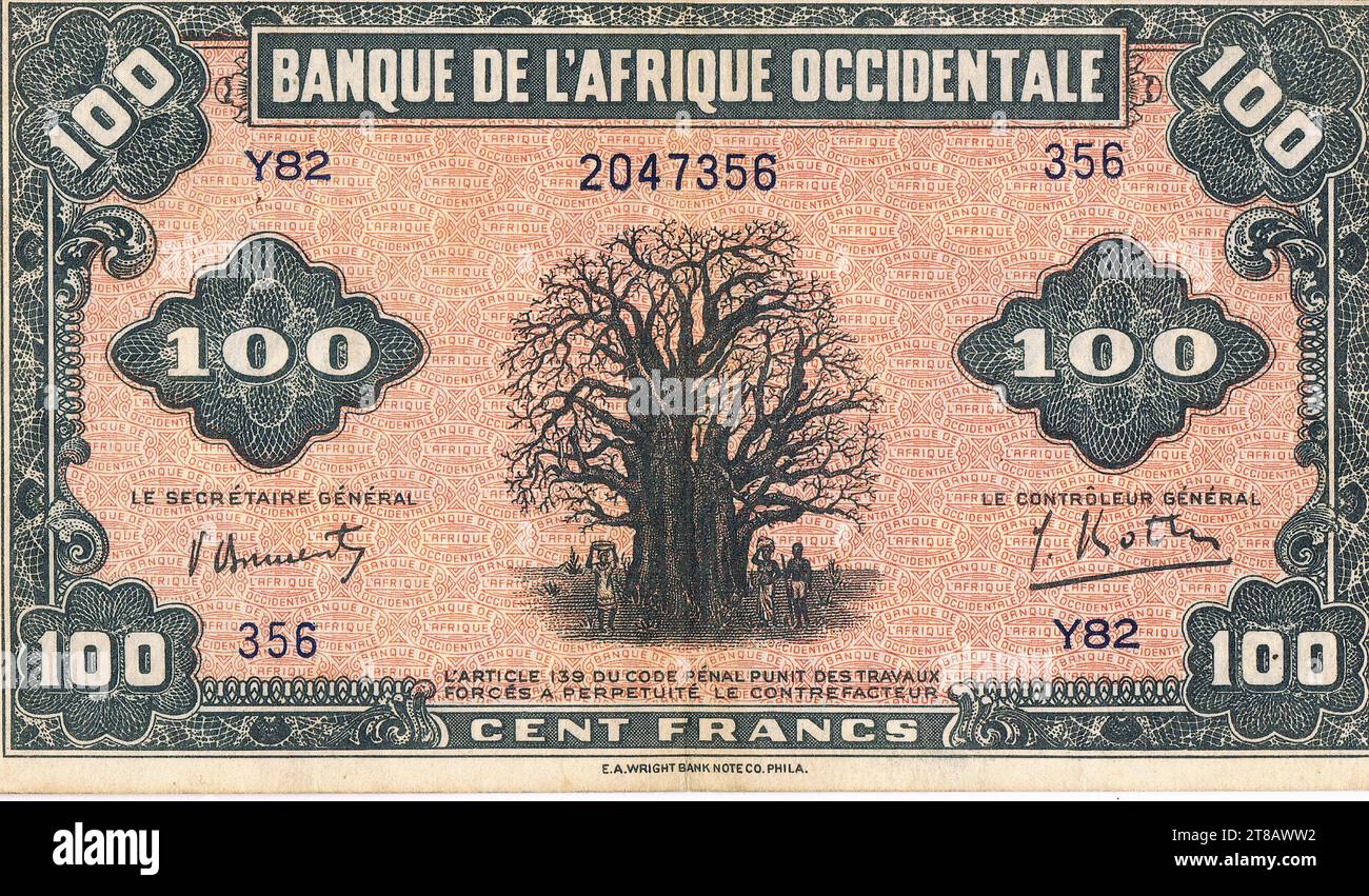 100 1932 FRS, Banque de l'Afrique Occidentale, Banknote von WRIGHT Company Philadelphia Stockfoto