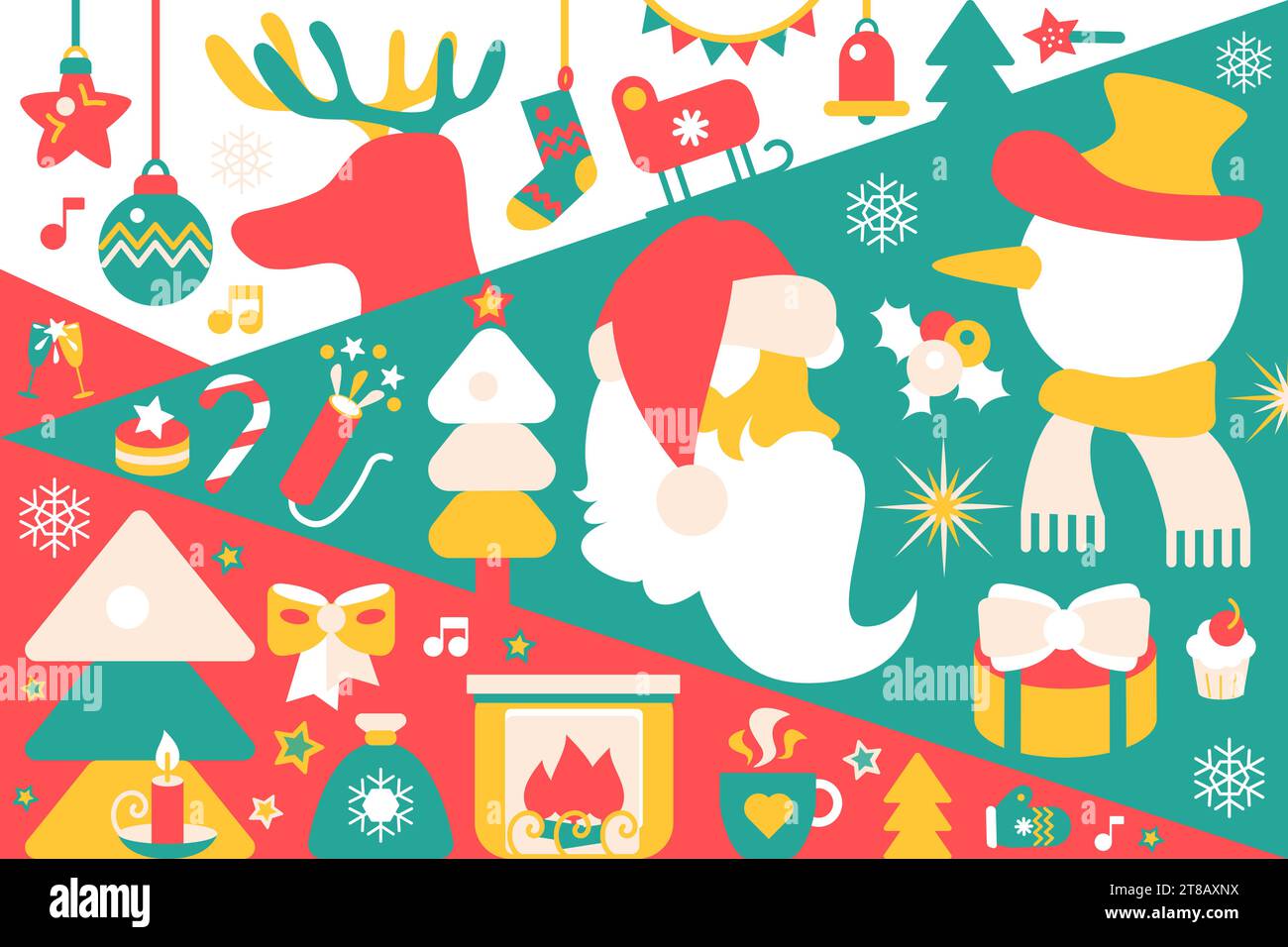 Weihnachtliches horizontales Partyplakat in Rot-Grün-Farben mit Weihnachtsbaumspielzeug, Feuerwerkskörper, Weihnachtsmann, Schneemann, Hirsch, Geschenke, Überraschungen. Te Stock Vektor