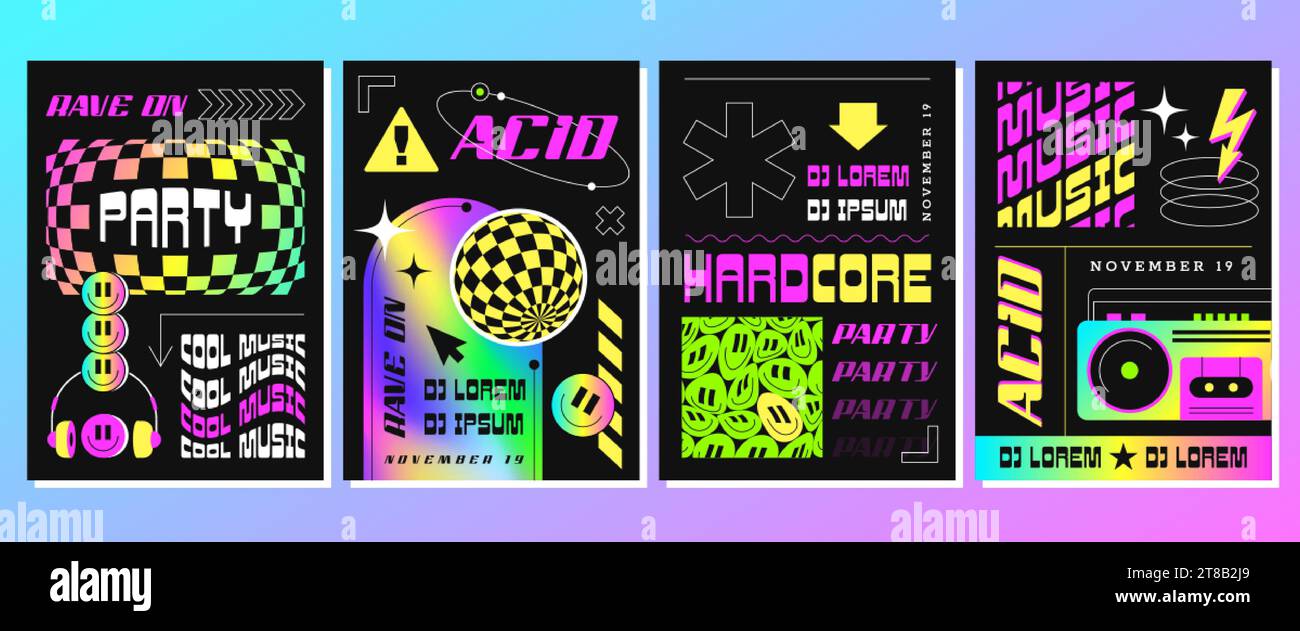 Rave Acid Poster für Partys oder elektronische Musikfestivals. Surreale Vektorillustration im trendigen psychedelischen Stil. Flyer mit abstrakten geometrischen Formen, Lächeln, Discokugel und holografischem Rahmen. Stock Vektor