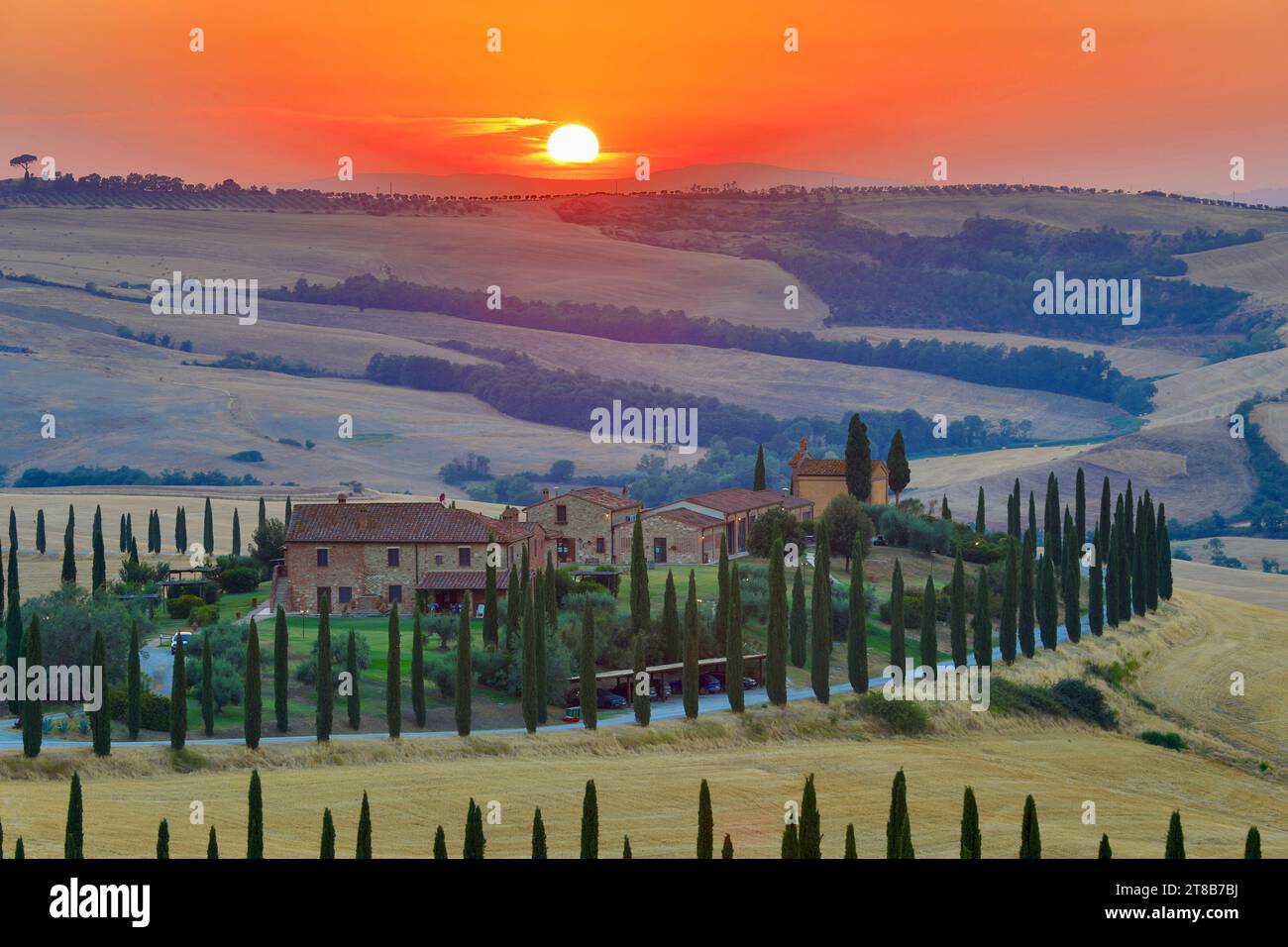 Asciano, Italien - 22. Juli 2023: Toskanische Landschaft bei Sonnenuntergang. Einer der berühmtesten Orte mit Zypressen und weißen Schotterstraßen in der Toskana, nea Stockfoto