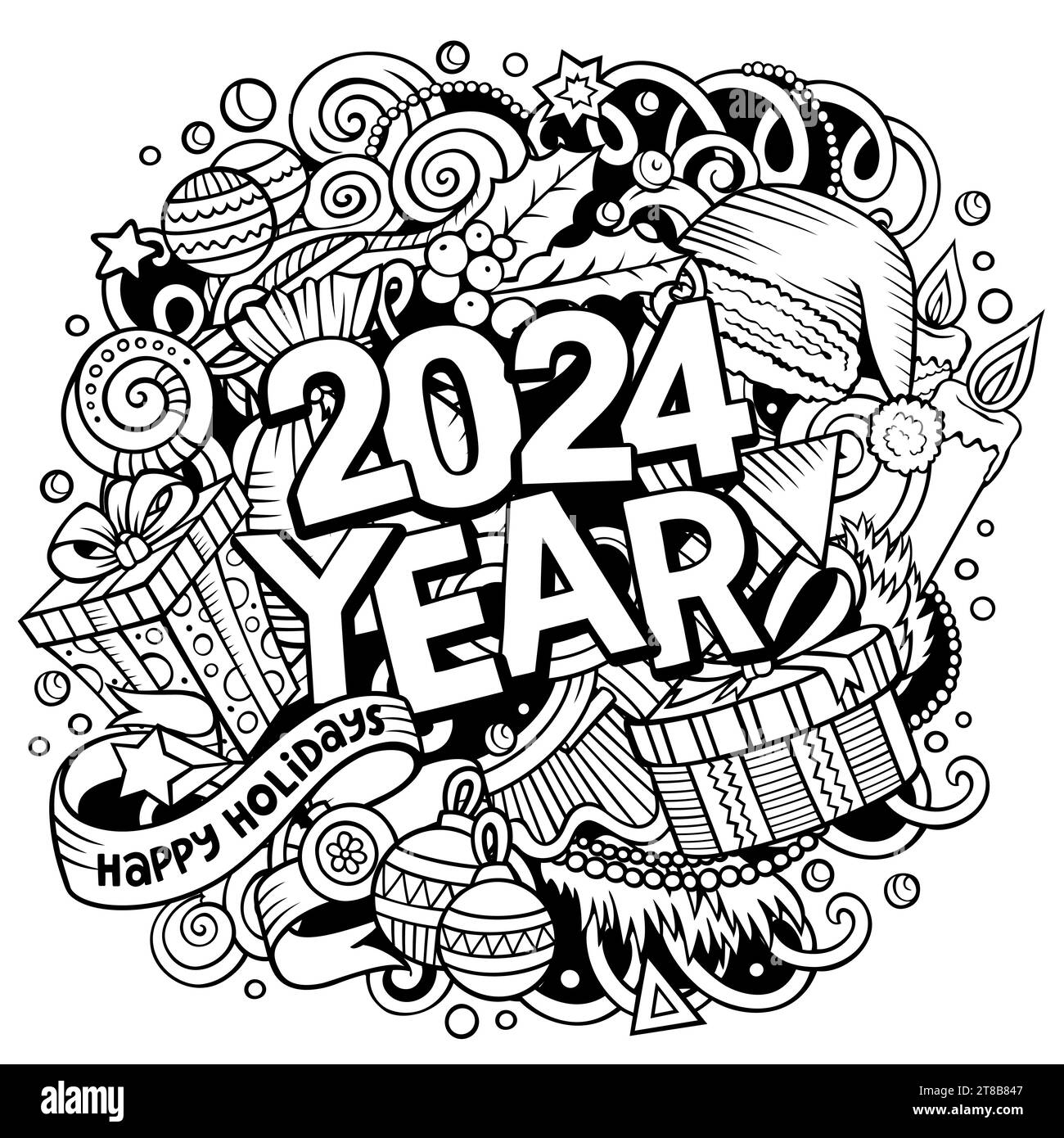 Abbildung 2024 Kritzeleien. Poster mit Objekten und Elementen zum Neujahr Stock Vektor