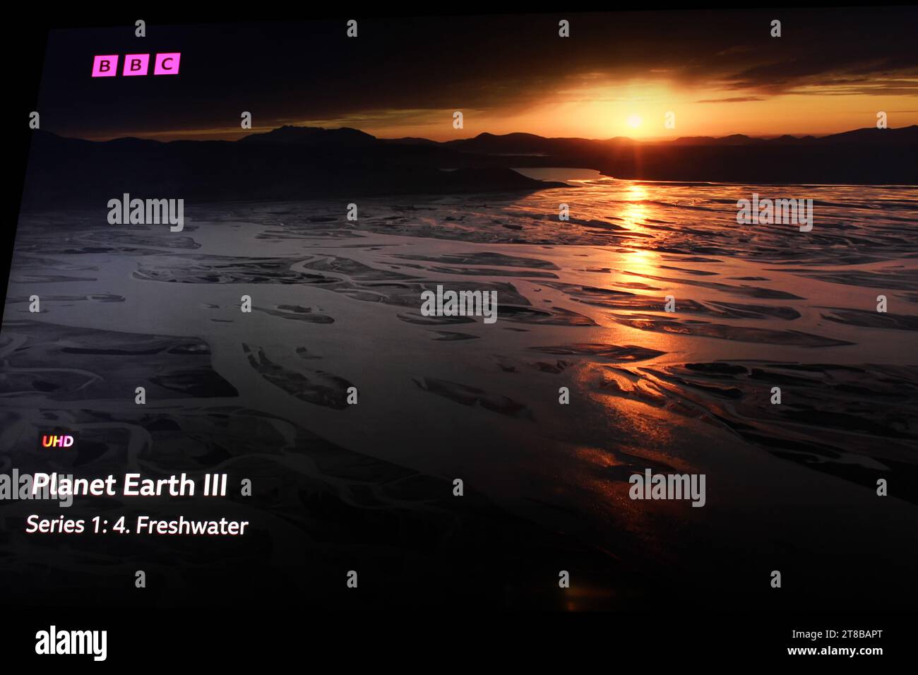 Planet Earth auf dem BBC iPlayer, der zu Hause auf einem Fernsehbildschirm (TV) angezeigt wird. Staffel 3 läuft derzeit Stockfoto