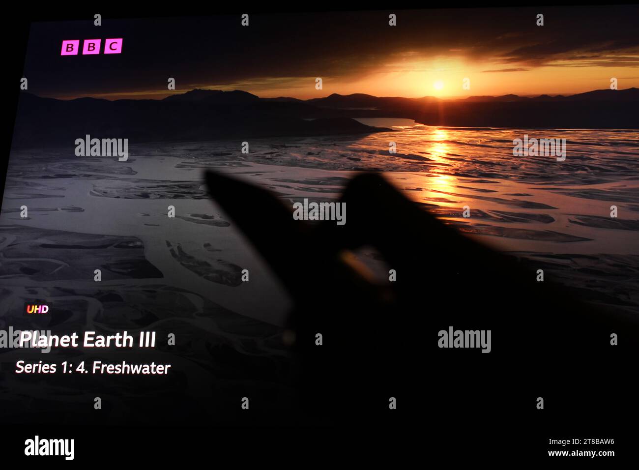 Planet Earth auf dem BBC iPlayer, der zu Hause auf einem Fernsehbildschirm (TV) angezeigt wird. Staffel 3 läuft derzeit Stockfoto