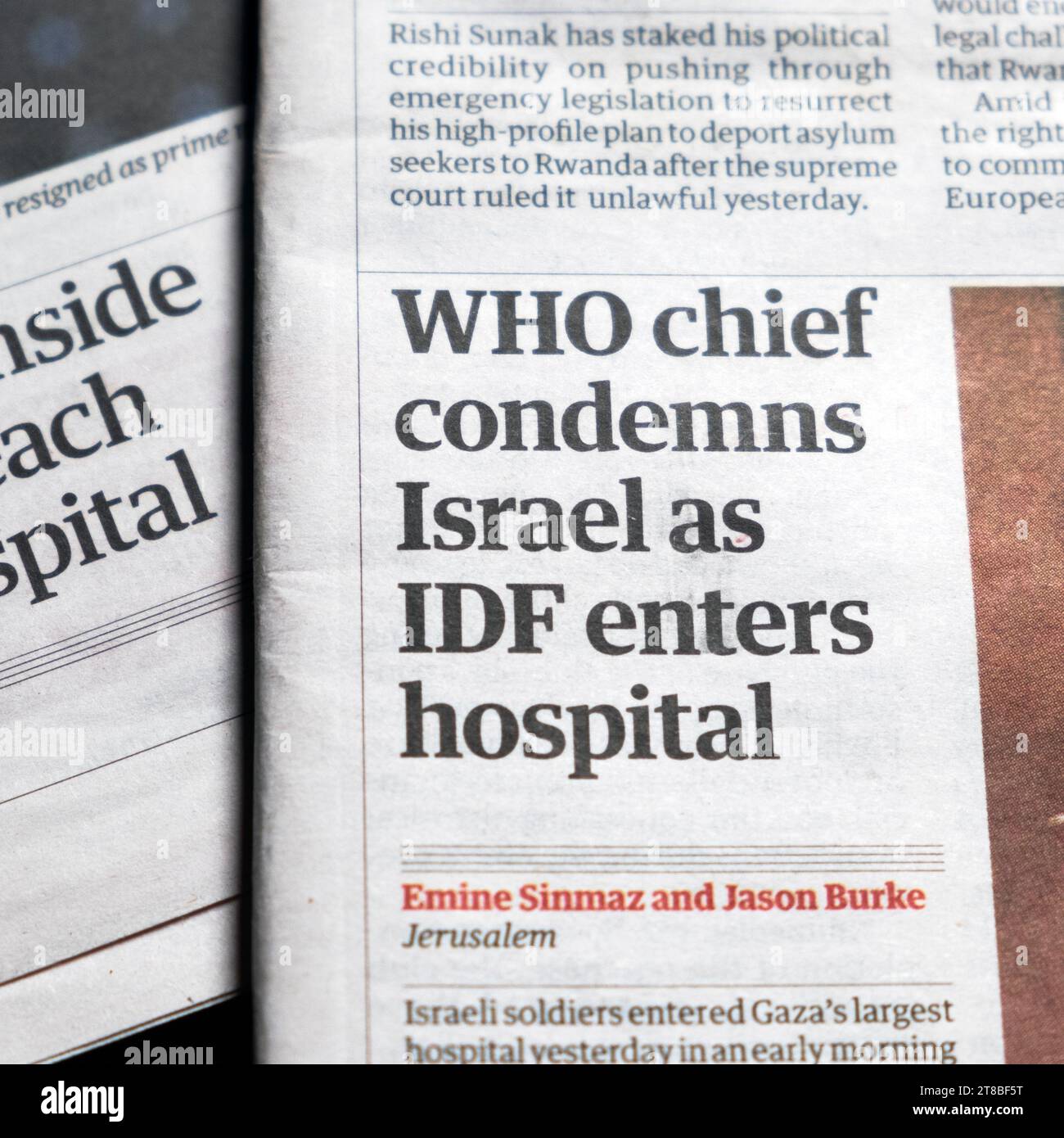 „WHO-Chef verurteilt Israel, als IDF ins Krankenhaus kommt“ al Shifa Krankenhaus Gaza Guardian Zeitung Schlagzeilenschnitt 16 November 2023 London Großbritannien Stockfoto