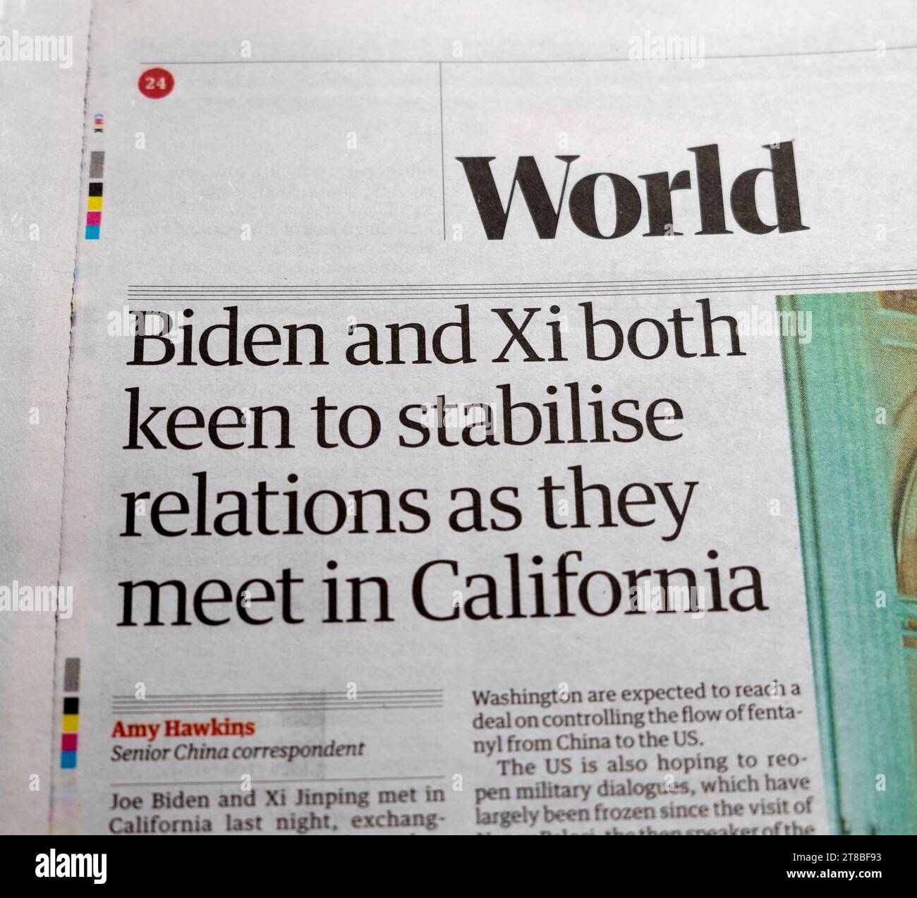 Joe 'Biden und Xi (Xingping) wollten beide ihre Beziehungen stabilisieren, während sie sich in der Zeitung California' Guardian treffen, die im November 2023 in den Schlagzeilen der US-China-Zeitung trifft Stockfoto