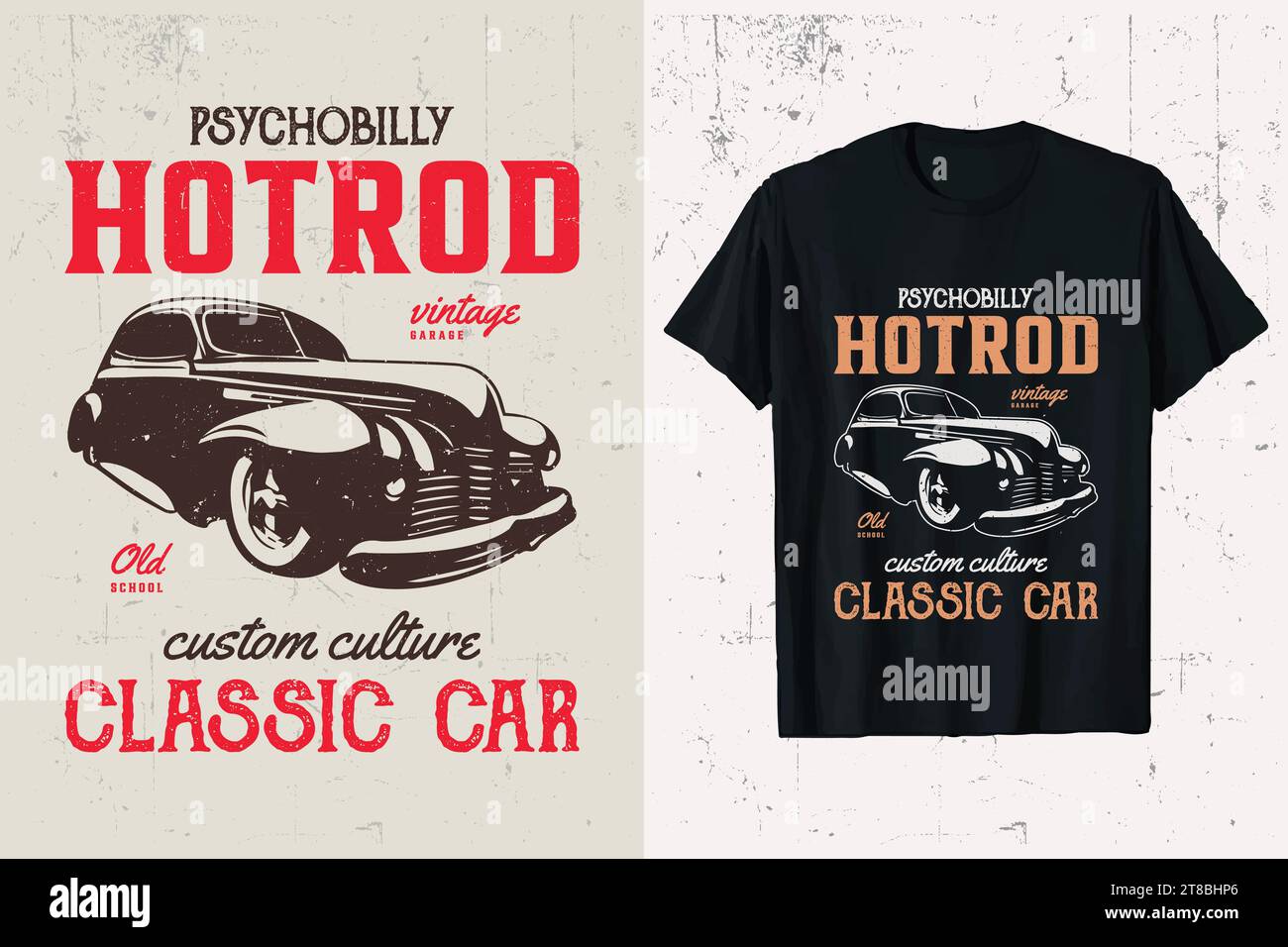 Hotrod-Auto-T-Shirt-Design. Oldtimer-Vektor-T-Shirt-Grafik mit Hotrod. american Old Hot Rods Custom T-Shirt Vorlage. Stock Vektor