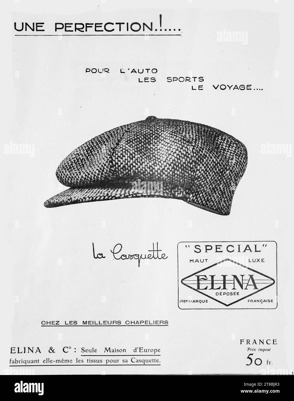 Französische Vintage-Werbung aus den 1920er Jahren für ELNA's Luxusmütze La Cosquette Special, ideal für Sport und Reisen. Stockfoto